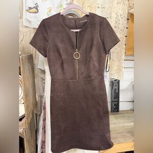 NWT Calvin Klein Chocolate Brown Short-Sleeve Suede-Look Zip Dress size 6